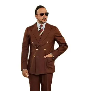 Мода Мъжки кафяви костюми Slim Fit 2 броя Елегантни класически мъже Сватбено облекло Костюм на младоженеца Homme Jacket Pants