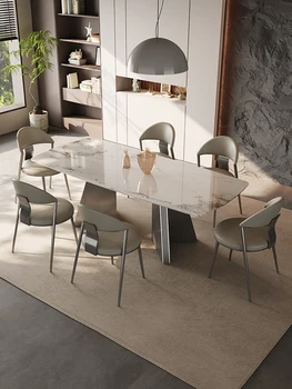 Модерна светлина луксозен италиански микро камък маса дизайнер ресторант мраморна маса висок клас маса за хранене и стол комплект