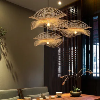 Модерни бамбукови висулки светлини азиатски стил ръчно изработени hanglamp осветление кухненски остров висулка лампа ресторант полилеи осветително тяло