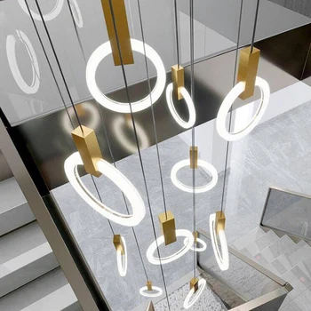 Модерно LED осветление за стълбищни полилеи Скандинавски хол таван висулка лампи спалня Акрилни пръстени тела Дървени висящи светлини