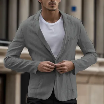 Мъжка мода лек бизнес костюм плътен цвят джобове ревери копчета якета удобни дишащи върхове универсален блуза