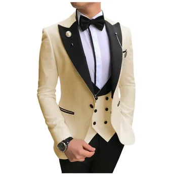 Мъжки костюми 3 броя Slim Fit шампанско Noble сиво бяло Бизнес костюми младоженец смокинги за официален сватбен костюм (Blazer + панталони + жилетка)
