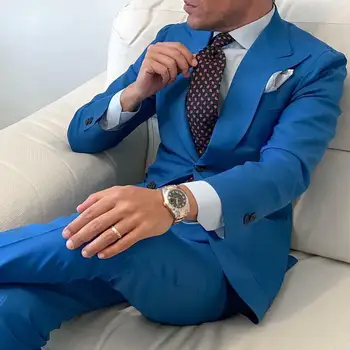 Най-новите дизайни на панталони за палта Сини официални класически мъжки костюми Кльощави абитуриентски сватбени смокинги Нежни блейзъри по поръчка 2 парчета Tuxedo