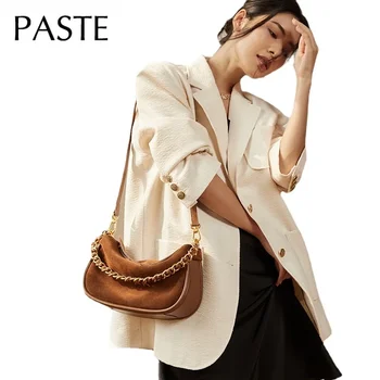 Най-новите зимни карамел кафе цвят верига дизайн седловина чанта ретро матов велур кожа жените рамо чанта висок клас Crossbody чанта