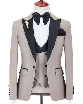 Ново пристигане Taupe малц пълни мъже костюми по поръчка Blazer панталон за младоженеца сватбено палто парти износване 3Pcs яке + жилетка + панталони