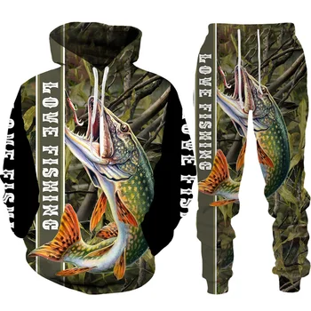 Новост 3D риба отпечатани мъже жени качулка/панталони/костюм Harajuku Camo риболов лов къмпинг дрехи мода открит спортно облекло комплект