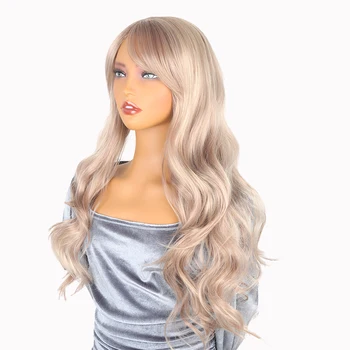 Перука за жени с фигура бретон голям вълнообразен дълга коса боядисани блондинка перука комплект модерен перука висока температура коприна главата капак