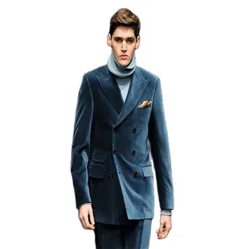 Последни палто панталони дизайн тъмно синьо кадифе двойна гърди по поръчка младоженец мъже костюми тънък годни смокинг 2бр Terno яке + панталони