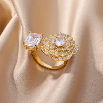 Романтични цирконови цветни пръстени за жени Отворен пръстен от неръждаема стомана 2023 Тенденция Нови луксозни годежни сватбени бижута Anillos Mujer