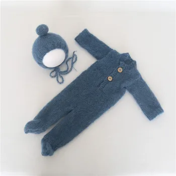 Синьо новородено крак гащеризон комплект сладък Pom бебешка шапка участък мохер новородено облекло снимка реквизит капачка плетени jammies бебе капак подпори