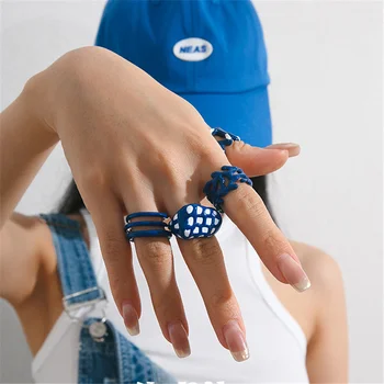 Сладки сладки кръгли точки сини емайлирани пръстени за жени момиче неправилен геометричен пръстен корейски стил бижута подарък Bague