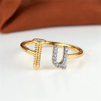 Сладък женски винтове отворен регулируем пръстен прост мода писмо N тънък пръстен античен златен цвят минималистични пръстени за жени