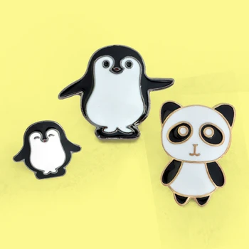 сладък карикатура панда пингвин брошки черно бяло животно майка бебе семейство емайл щифтове за жени Брош ревера риза значка подарък
