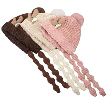 Сладък лосове уши плетени топла шапка елегантен дамски плетене памук топло плюшена шапка есен зима удебелени космати шапки