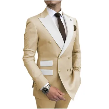 Специално изработени мъжки костюми Бял ревер Двуреден сватбен смокинг Абитуриентски рокли за младоженци Бизнес 2 бр Blazer комплекти яке + панталони
