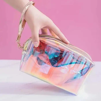 Търговия на едро 100pcs/Lot Горещи продажба по поръчка печатни лого мода холографски PVC грим цип чанти нов стил красота случай торбичка