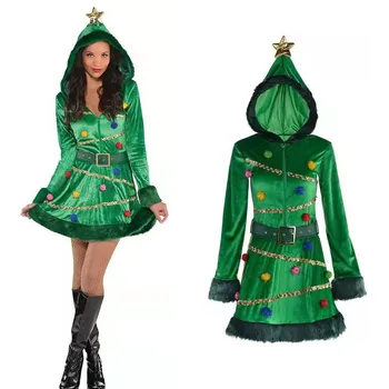 Хелоуин косплей костюми за жени карнавал коледно дърво с качулка дълги ръкави Дядо Коледа парти сцена тъмно зелена рокля