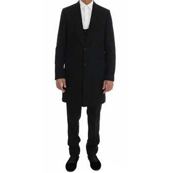 черен костюм Homme мъже костюми 3 парчета тънък годни костюми шал ревера младоженец смокинги Terno сватба блейзър (дълго яке + панталони + жилетка)