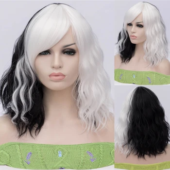 Черно-бяла смесена цветна вълна глава женска синтетична перука с бретон Lolita Cosplay Топлоустойчива перука, подходяща за Daily Parti