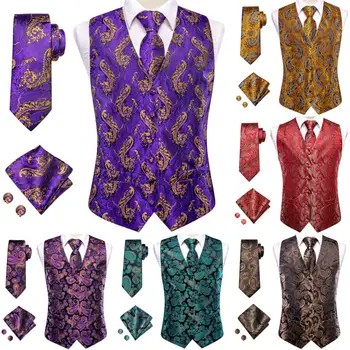 Чисто нов копринен мъжки жилетка вратовръзка комплект сватба бизнес без ръкави яке костюм жилетка вратовръзка кърпичка копчета за ръкавели извънгабаритни подарък
